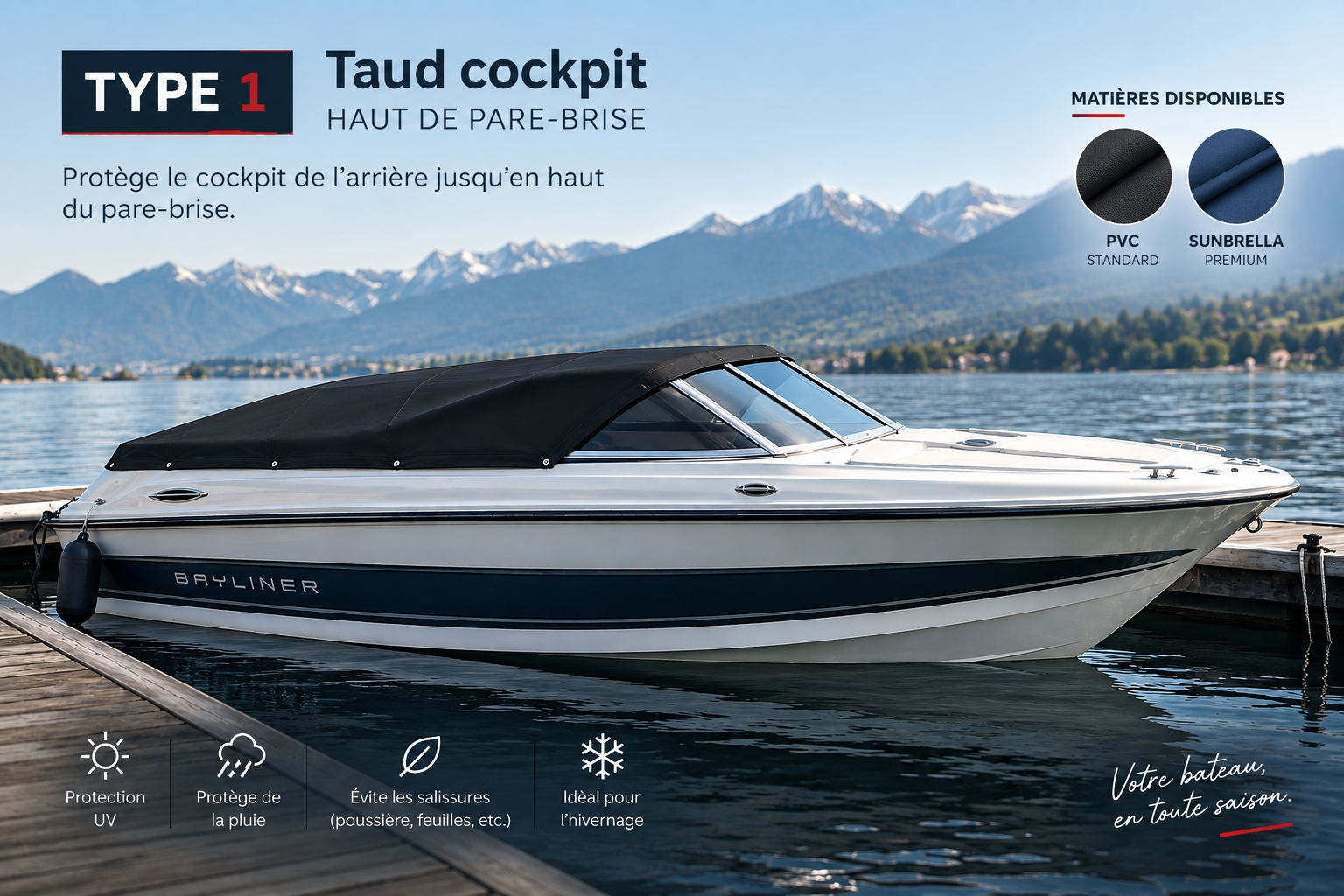 Taud cockpit haut de pare-brise sur mesure : la bâche idéale pour protéger son bateau en saison