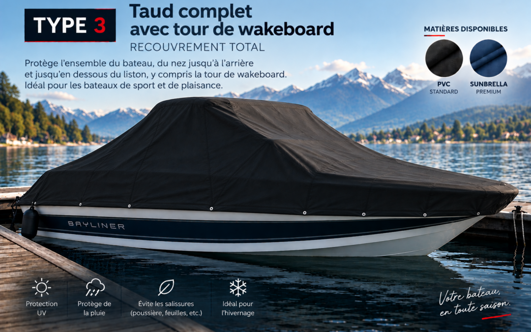 Taud complet sur mesure avec tour de wakeboard : la protection intégrale de votre bateau toute l’année