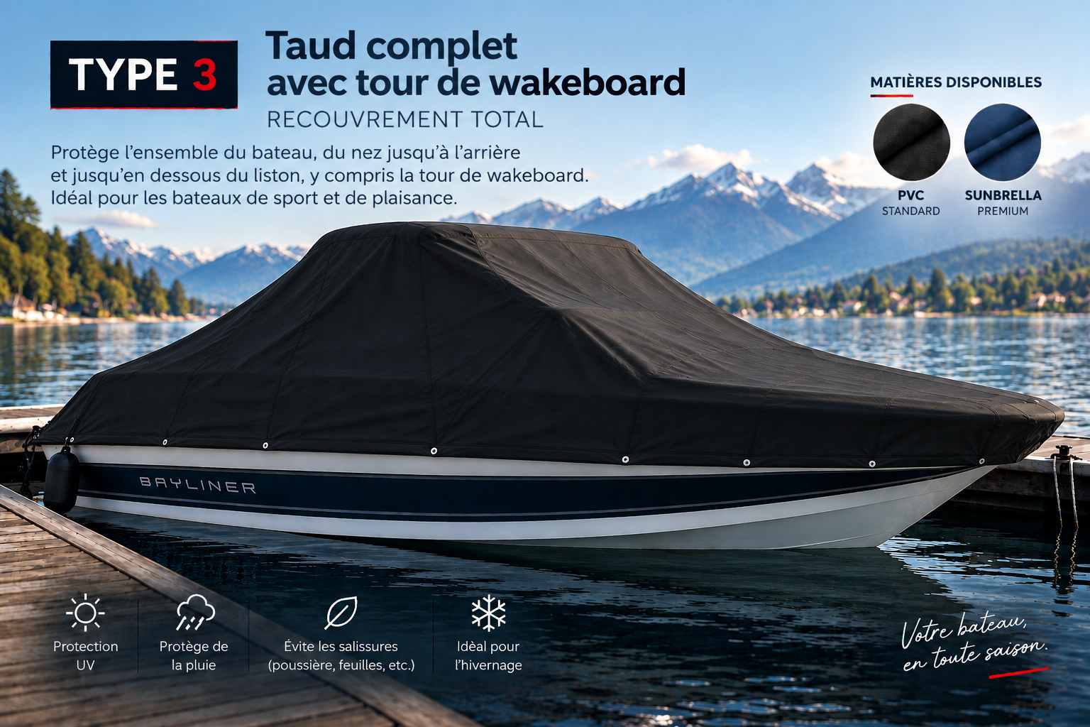 Taud complet sur mesure avec tour de wakeboard : la protection intégrale de votre bateau toute l’année